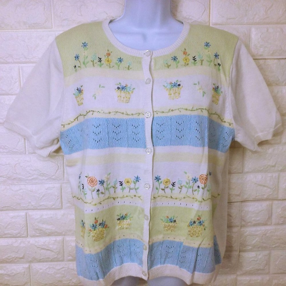 Y2K Alfred Dunner Knit Cardigan Top Novelty Sweater -XL Floral Grandma Cottage
